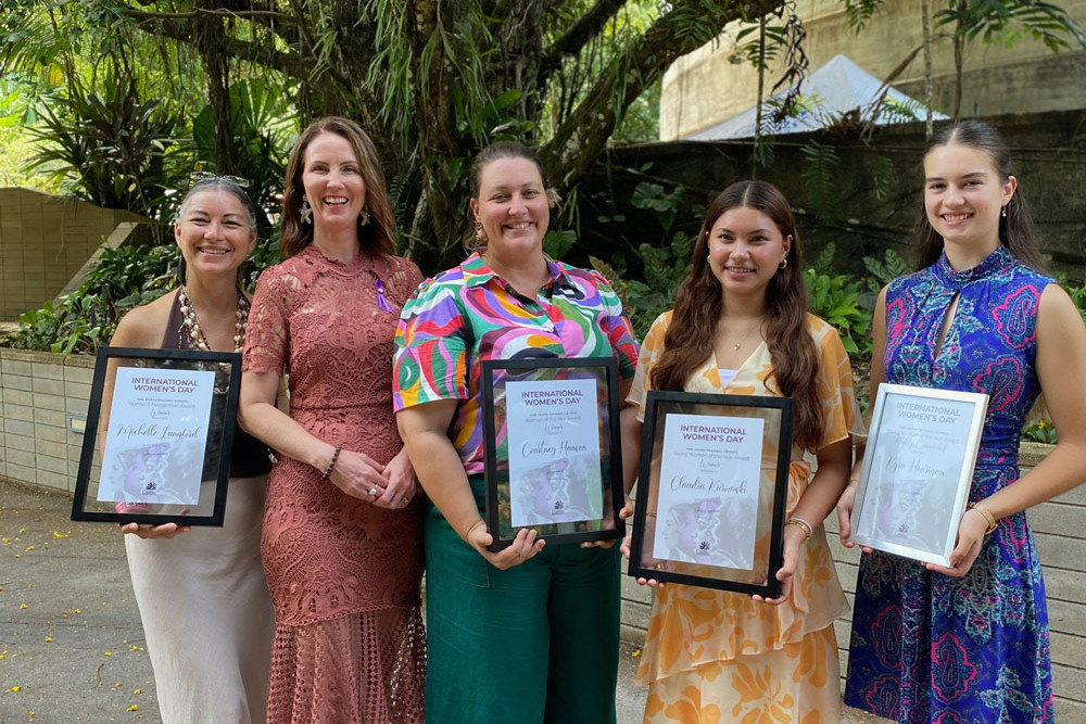 Cairns International Women’s Day award winners (from left) are Michelle ‘Shelly’ Langford, Mayor Amy Eden, Courtney Hansen, Claudia Kurowski and Kira Hourigan. Picture: Cairns Regional Council