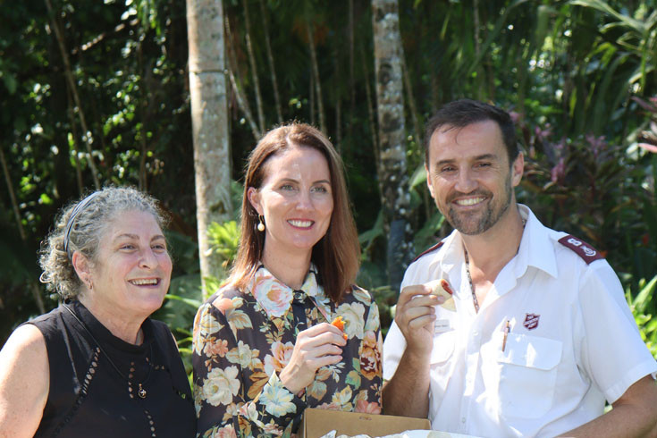Cairns Mayor Amy Eden (centre), Marlin Coast Neighbourhood Centre manager Prue Rhueben and Salvation Army Cairns Major Ben Johnson at the launch of the Christmas cheer appeal. Picture: Cairns Regional Council