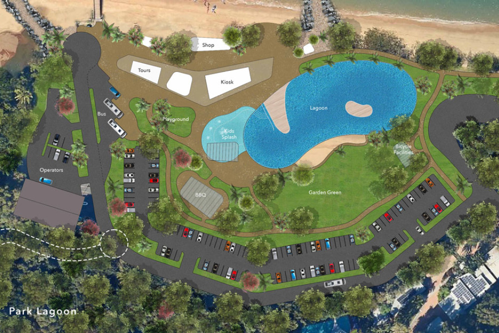 An artist’s impression of the vision for Palm Cove, including a swimming lagoon. Inset: the safe harbour. Pictures: Hunt Design