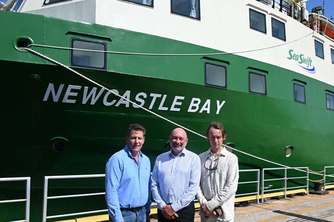 Sea Swift chief operating officer Darren Lambourn (left), chairman Steven Boulton and master mariner Bryce Ikin. Picture: Maddy Gavin