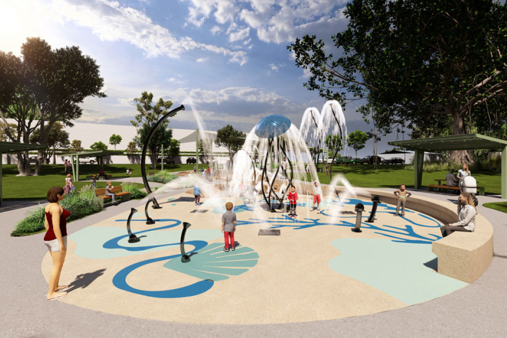 An artist’s impression of how the new, larger splash park will look at Jalunbu Park, Port Douglas. Picture: Douglas Shire Council