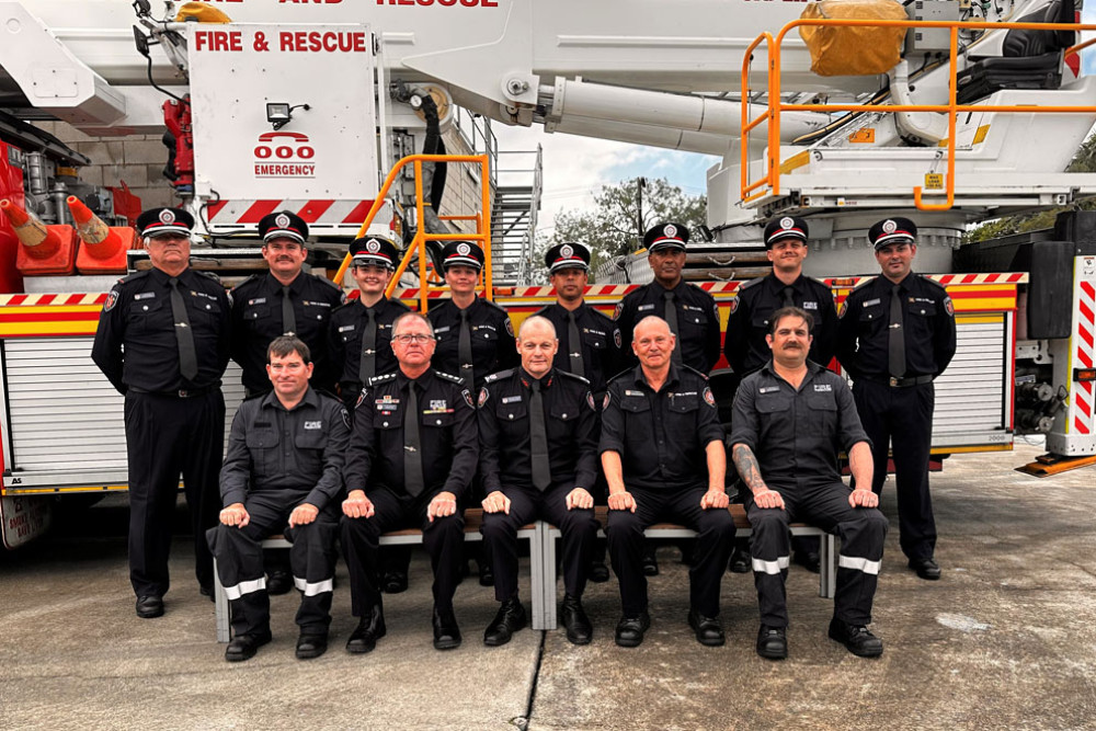 The new firies from left (back row) Adam Tickner, Troy Nowlan, Natasha Isabella, Nadine Welch, Kyle Jose, John James, Dean Pacitto, Stephen Bowden, (front row) Captain Joshua Weier, Inspector Wayne Roe, Far Northern Region Assistant Commissioner Michael O’Neil, Lieutenant Rene Van Raders and auxiliary Shane Gibson. Picture: QFES