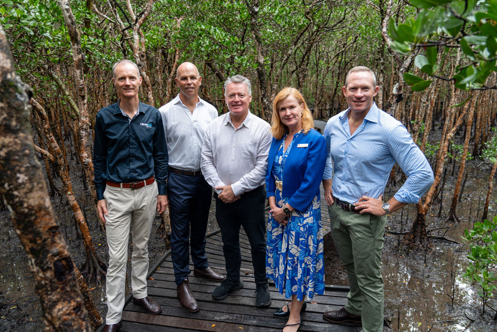 CleanCo CEO Tom Metcalf, North Queensland Airports CEO Richard Barker, Tourism Minister Michael Healy, Advance Cairns CEO Jacinta Reddan and Energy Minister Mick de Brenni at the announcement of the landmark renewable energy agreement. Picture: Cairns Airport