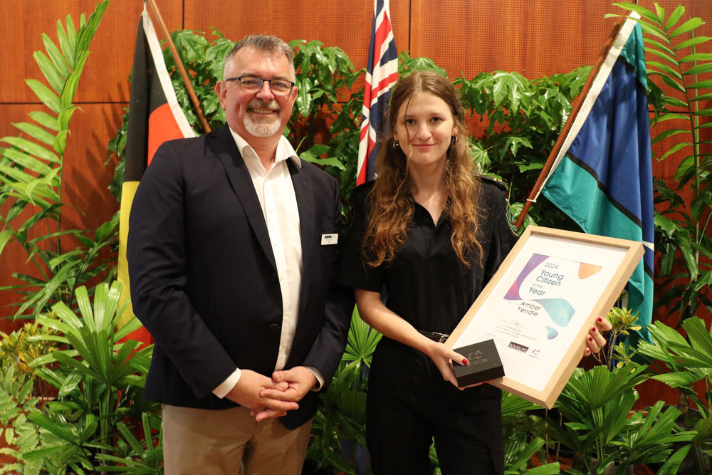 Douglas Shire Mayor Michael Kerr with junior citizen of the year Amber Yendle Picture: Supplied