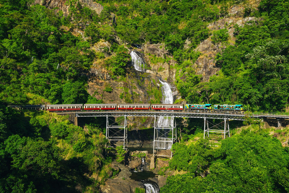 The Kuranda scenic train at Stoney Creek Falls. Picture: Queensland Rail