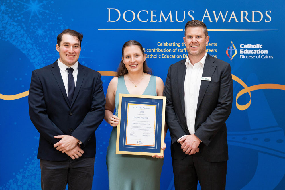 2023 early career teacher winner Nathan Zahra (left), 2024 winner Olivia Luxford and NGS head of customer engagement Ben Basedow. Picture: Supplied