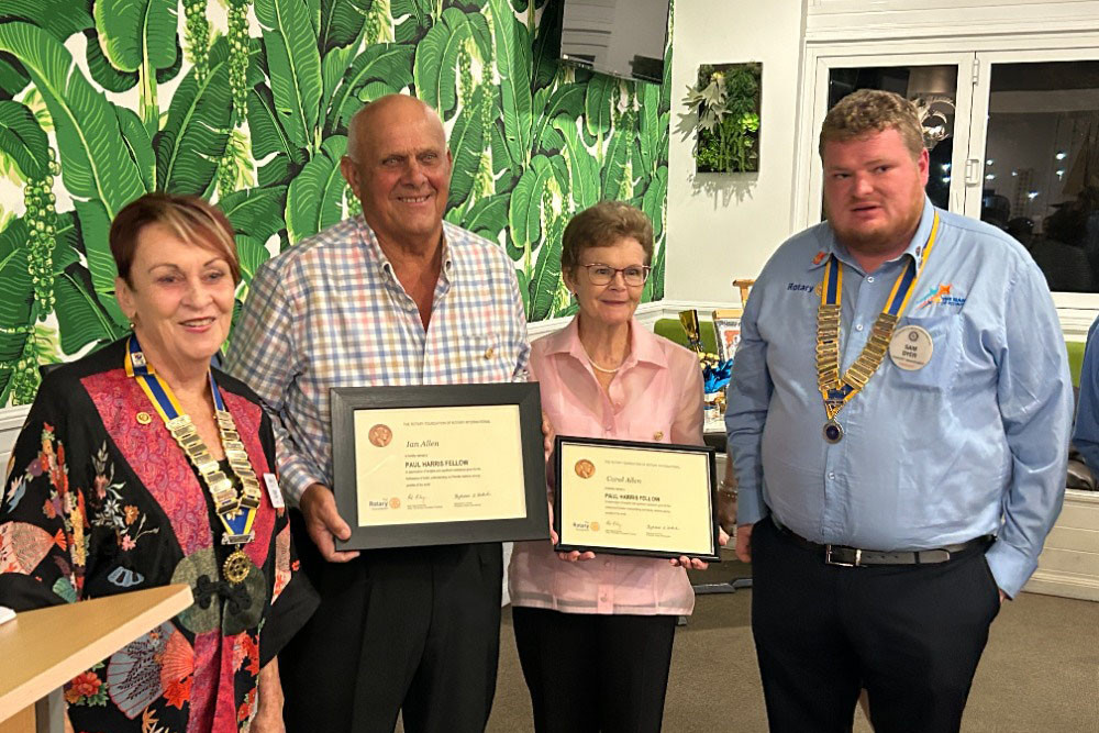 Rotary Club of Cairns president Ellen Gardiner (left) with Paul Harris Fellow Recognition recipients Ian and Carol Allen and Rotary Club of Cairns West president Sam Dyer. Picture: Rotary International.