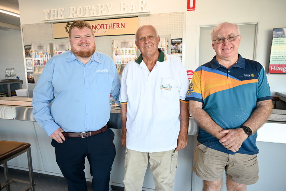 Rotary Club of Cairns West president Sam Dyer (left), Cairns Show Association president Ian Allen and Rotary secretary Col Craig at the newly refurbished Rotary Bar. Picture: Lizzie Vigar