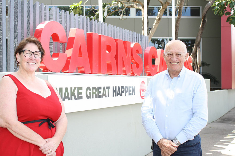 TAFE Queensland acting general manager Susan Kinobe and Cairns Mayor Bob Manning outside the Cairns campus. Picture: Cairns Regional Council