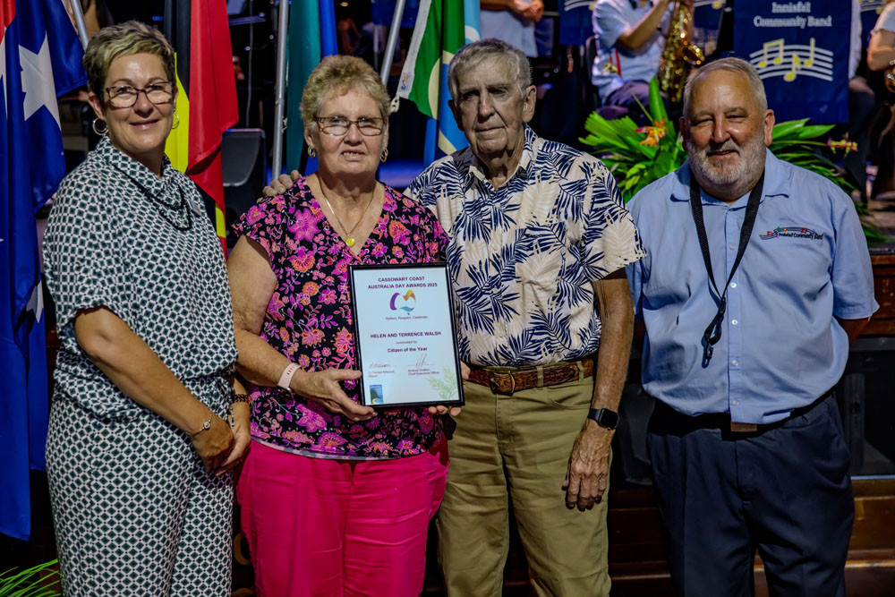 Cassowary Coast Mayor Teresa Millwood (left) with citizens of the year Helen and Terry Walsh. Insets: (from top to bottom) Grace O’Kane, Shaun Riley and Mitchell Martin. Pictures: Cassowary Coast Regional Council