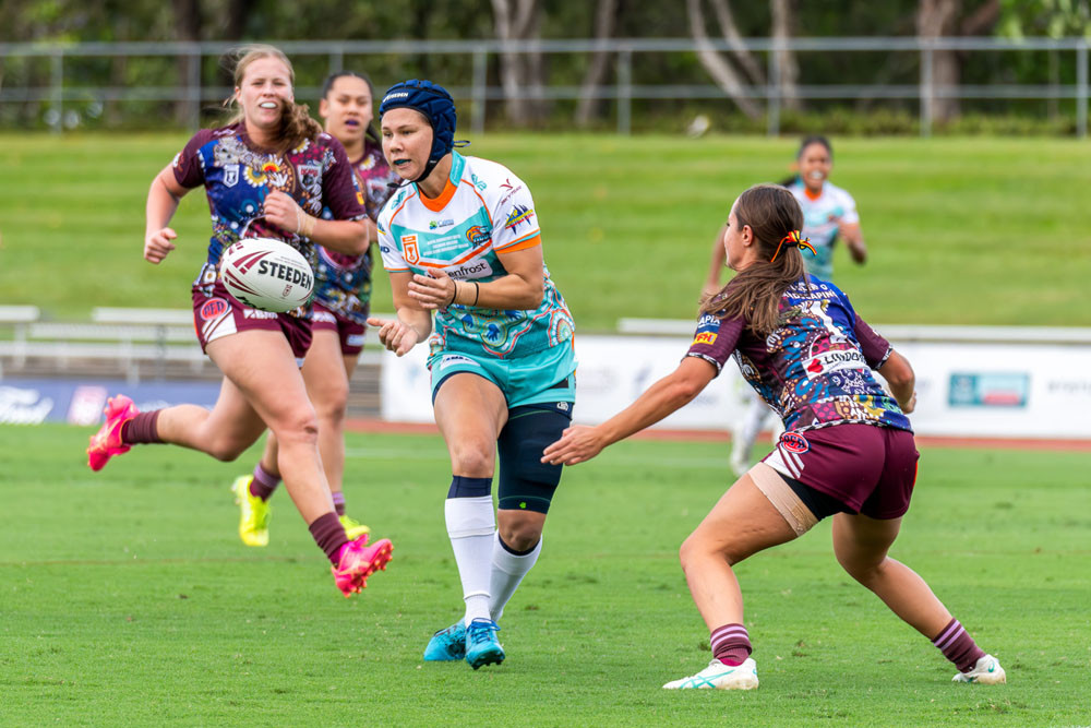 Northern Pride playmaker Tahlulah Tillett eyes her options under pressure during a strong attacking set against the Burleigh Bears at Barlow Park during the Indigenous round. Picture: Chris Robson