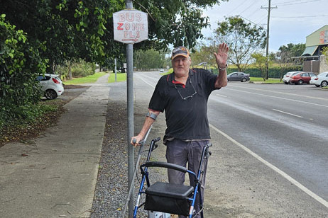 Caravonica Waters’ resident Roger Hunt, 81, unsuccessfully hails a bus outside the retirement home where there is not a northbound bus stop. Picture: Nick Dalton