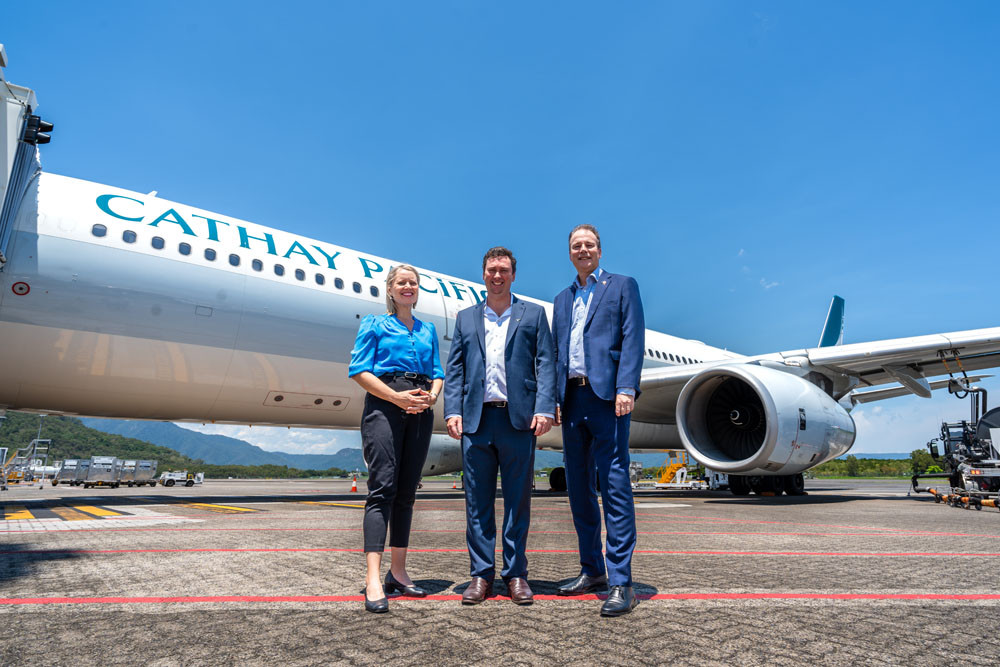 Barron River MP and assistant tourism minister Bree James (left) with Cathay Pacific vice-president Tom Kennedy and Cairns Airport aviation development manager David Nye. Picture: Cairns Airport