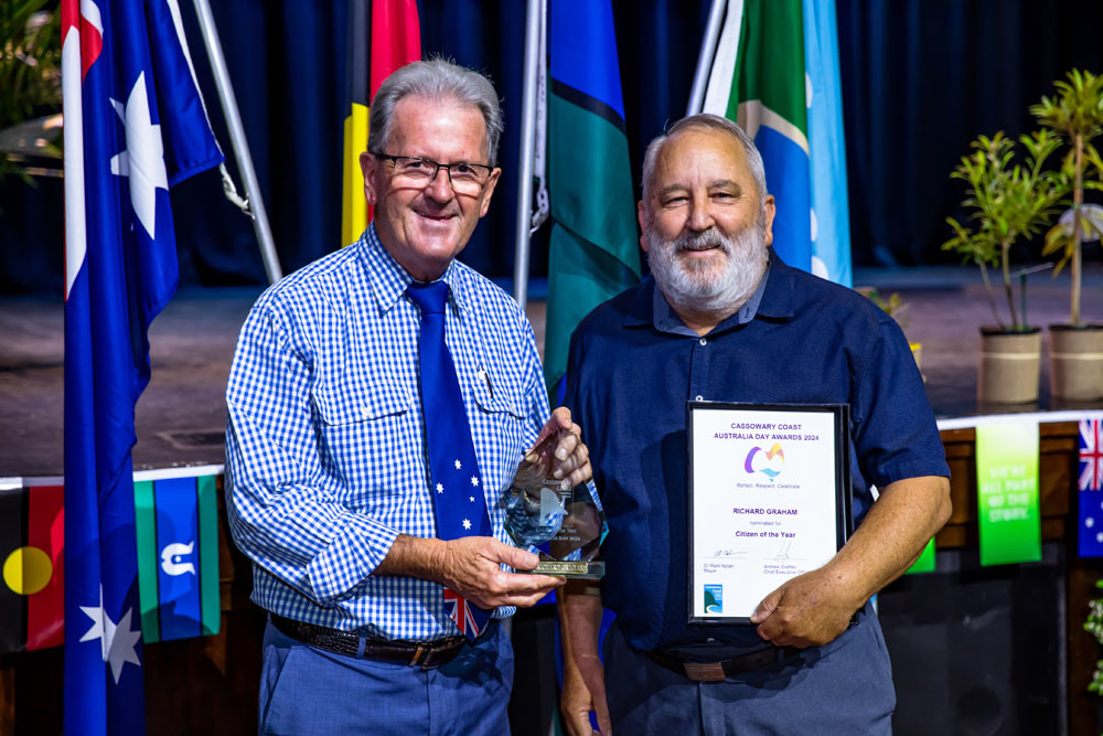 Cassowary Coast Mayor Mark Nolan with citizen of the year Richard Graham. Picture: Supplied