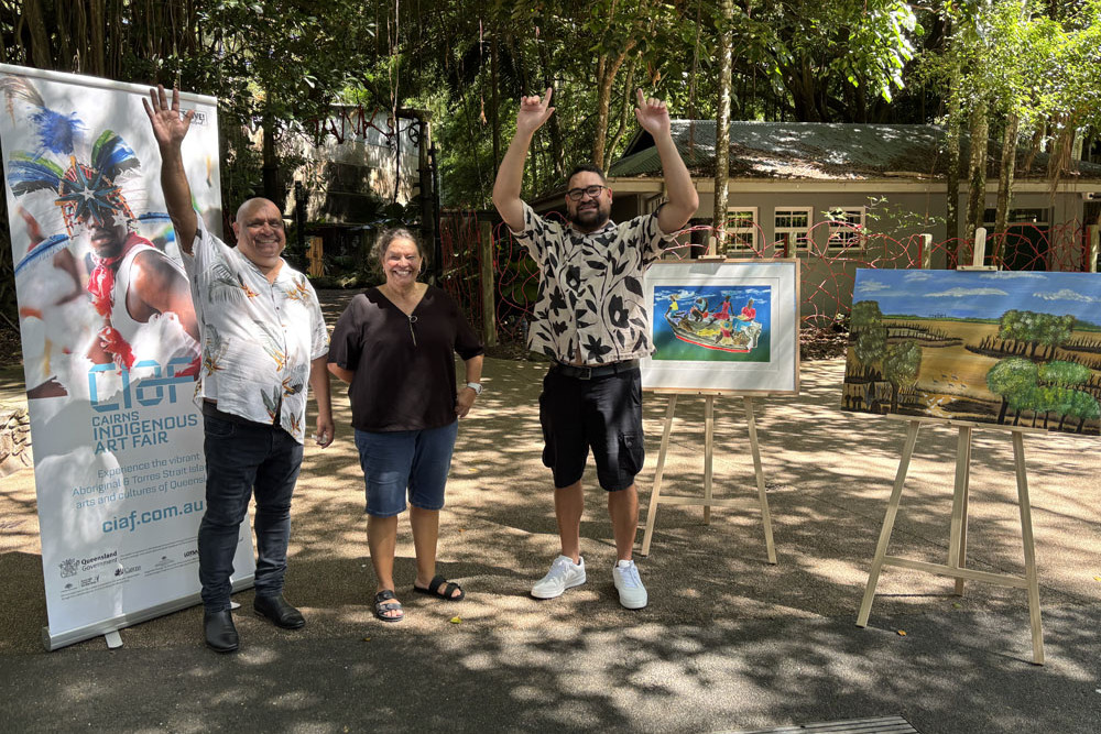 CIAF boss Dennis Stokes (left), fashion coordinator Lynelle Flinders and acting artistic director Teho Ropeyarn at the Tanks Art Centre where CIAF will be staged this year. Picture: Andree Stephens