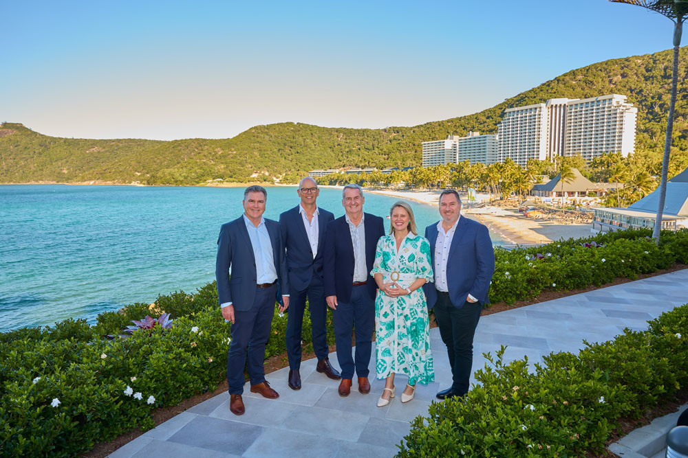 On Hamilton Island for the East Air launch were (from left) Tourism and Events Queensland CEO Craig Davidson, Cairns Airport CEO Richard Barker, East Air managing director Alan Milne, assistant tourism minister Bree James and Tourism Minister Andrew Powell. Picture: Romy Photography