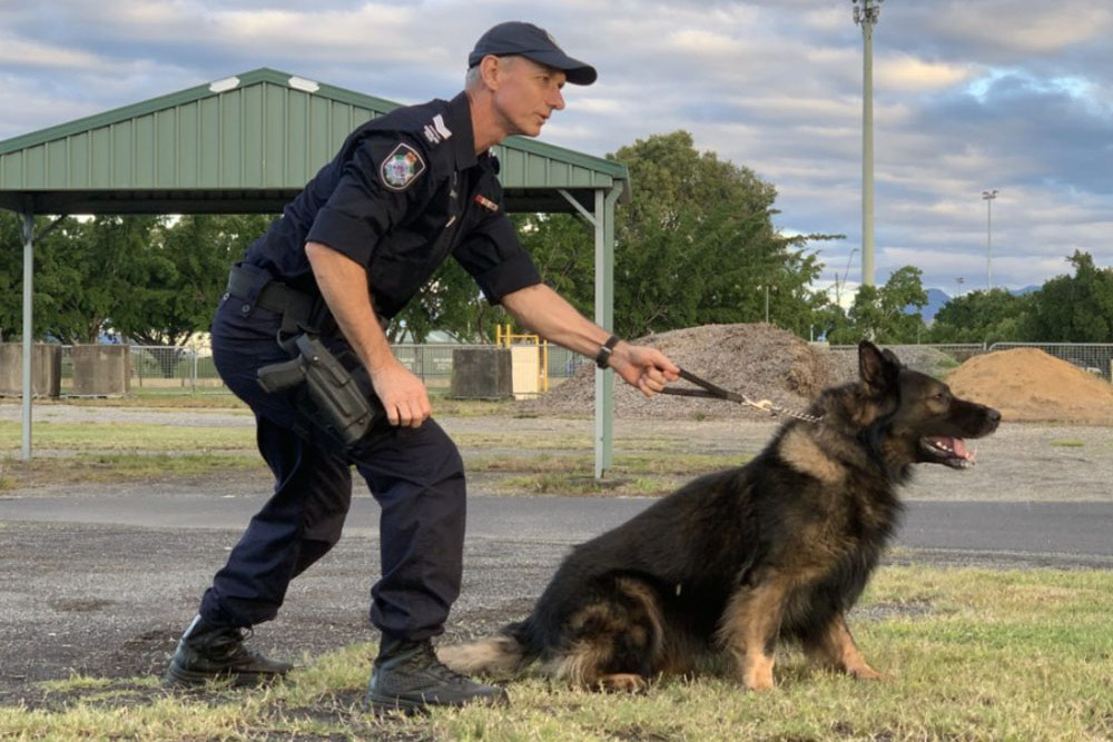 Police dog handler David Raymond with the late police dog Axel. Inset: The proposed plaque. Pictures: Supplied