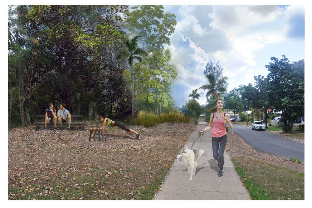 An artist’s impression of Amazon Terrace at Mt Sheridan after the trees are removed and new shrubs and grasses are added. (Inset) How Amazon Terrace looks today with the existing trees. Pictures: Powerlink