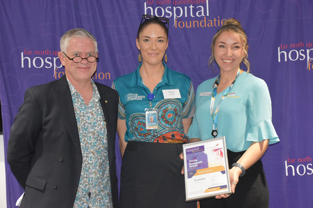 Acting director of research at CHHHS Dr Eddy Strivens, $50,000 grant recipient Sharna Radlof and Far North Queensland Hospital Foundation CEO Gina Hogan. Picture: Isabella Guzman Gonzalez