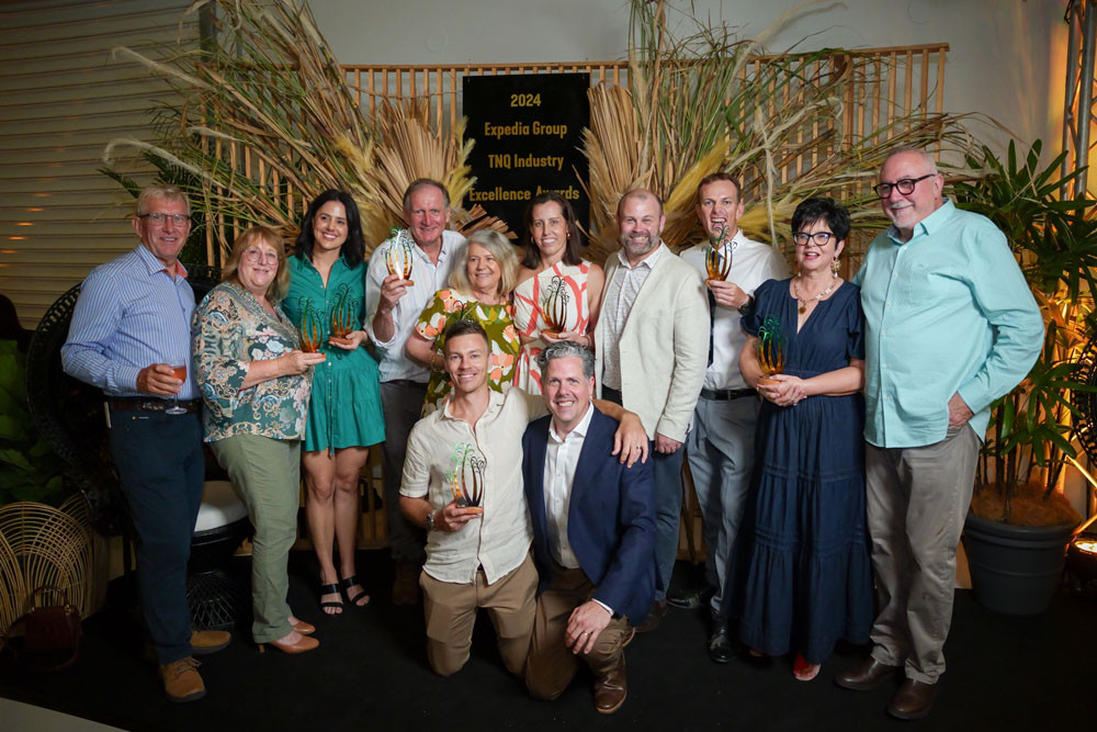 Award winners (from left) Peter and Angela Freeman (Hartley’s Crocodile Adventures), Hope Mitchell (Cairns Convention Centre), Mark and Judy Evans (Paronella Park), Lisa Brown and Carl Taranto (Crystalbrook Collection), Paul Porteous (Cairns Adventure Group), Suzie and James Dein (Savannah in the Round). (At front) James Boettcher (FNQ Nature Tours) and TTNQ chief executive Mark Olsen. Picture: TTNQ