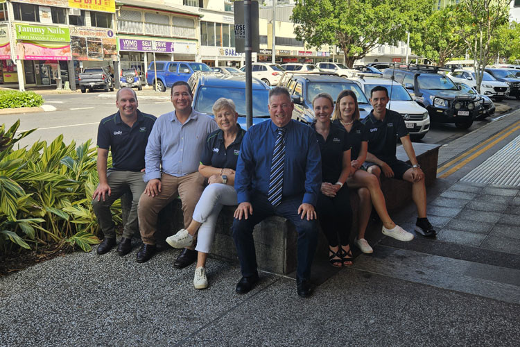 Unity Team members in the Cairns CBD (from left) Jeremy Neal, Nathan Lee Long, Rhonda Coghlan, Brett Moller, Nikki Giumelli, Heidi Healy and Matthew Calanna. Picture: Nick Dalton