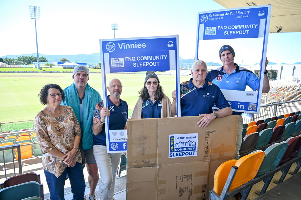 At the sleepout launch were (from left), Veronica Innes (Vinnies), Kenfrost Homes marketing coordinator Alex Loughton, David Monaghan, Clare Johnston and Dennis Innes (all from Vinnies) and AFL Cairns general manager Craig Lees. Picture: Lizzie Vigar