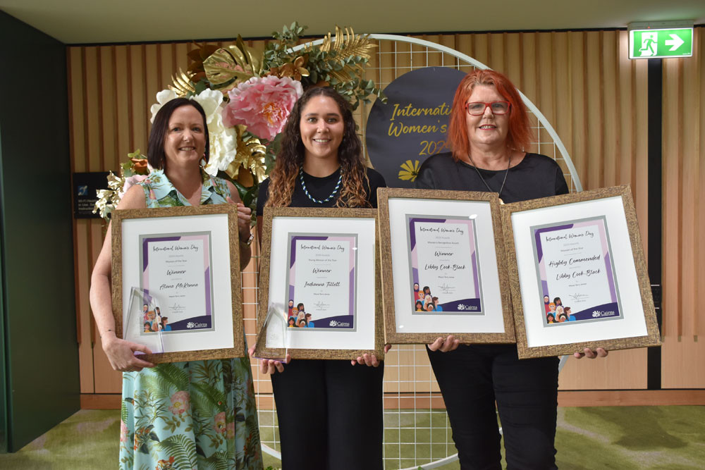 Woman of the year Alana McKenna, young woman of the year Indianna Tillet and Amanda Black on behalf of Libby Cook-Black (inset), winner of the women’s recognition award and highly commendation award. Picture: Isabella Guzman Gonzalez