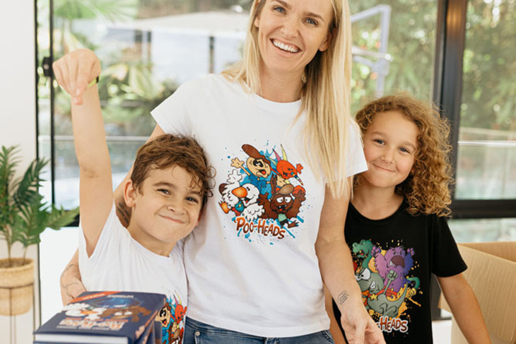 Marlow, Maddi and Carter Wright with their debut graphic novel ‘Poo Heads’, written by the two youngsters. Picture: Supplied