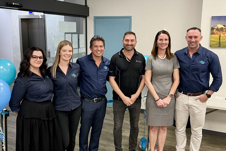 Assistant practice manager Rebecca Sultana (left), practice manager Shaye Kyles, business partners Jason Christopher and Frank Pappalardo, Mayor Amy Eden and managing partner Chris Donohue.