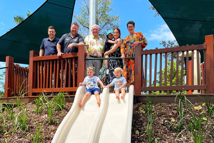 Children and their parents enjoy the new play area at Warrina Lakes alongside Mayor Teresa Millwood (far right) and councillors Nick Pervan and Jeff Bains (centre). Inset: An aerial view. Pictures: Supplied