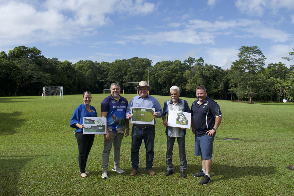 Cassowary Coast councillor Renee McLeod (left), Radiant Life College principal Nathanael Edwards, Member for Hill Shane Knuth, Pastor Anthony Edwards, and Cassowary Coast councillor Nicholas Pervan on the school oval, Picture: Supplied