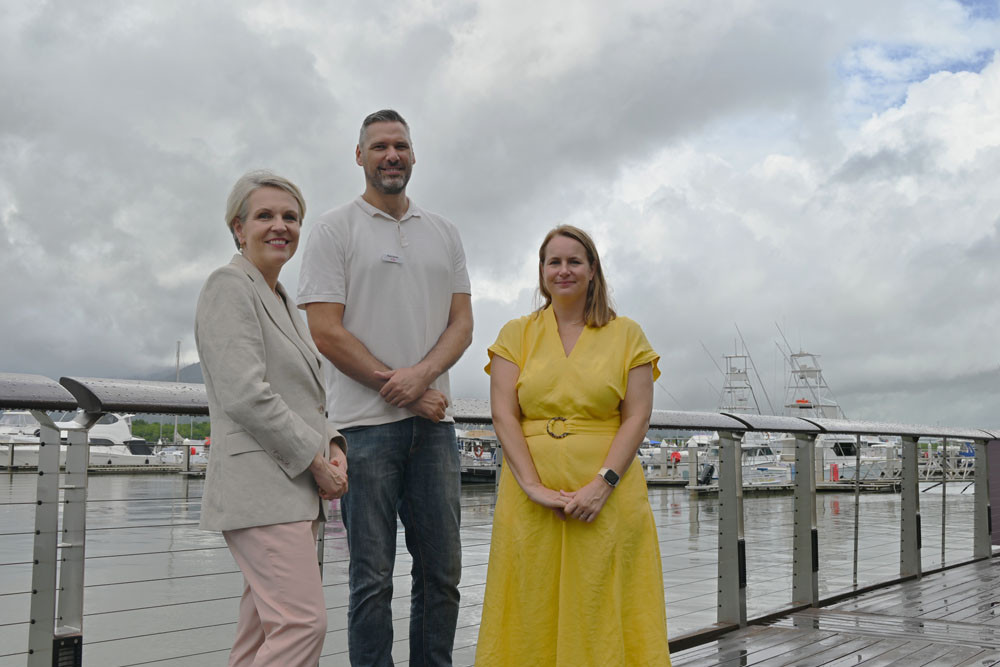 Environment Minister Tanya Plibersek (left), Labor’s Leichhardt candidate Matt Smith and envoy for the Great Barrier Reef Nita Green at the Cairns Marlin Marina. Picture: Isabella Guzman Gonzalez