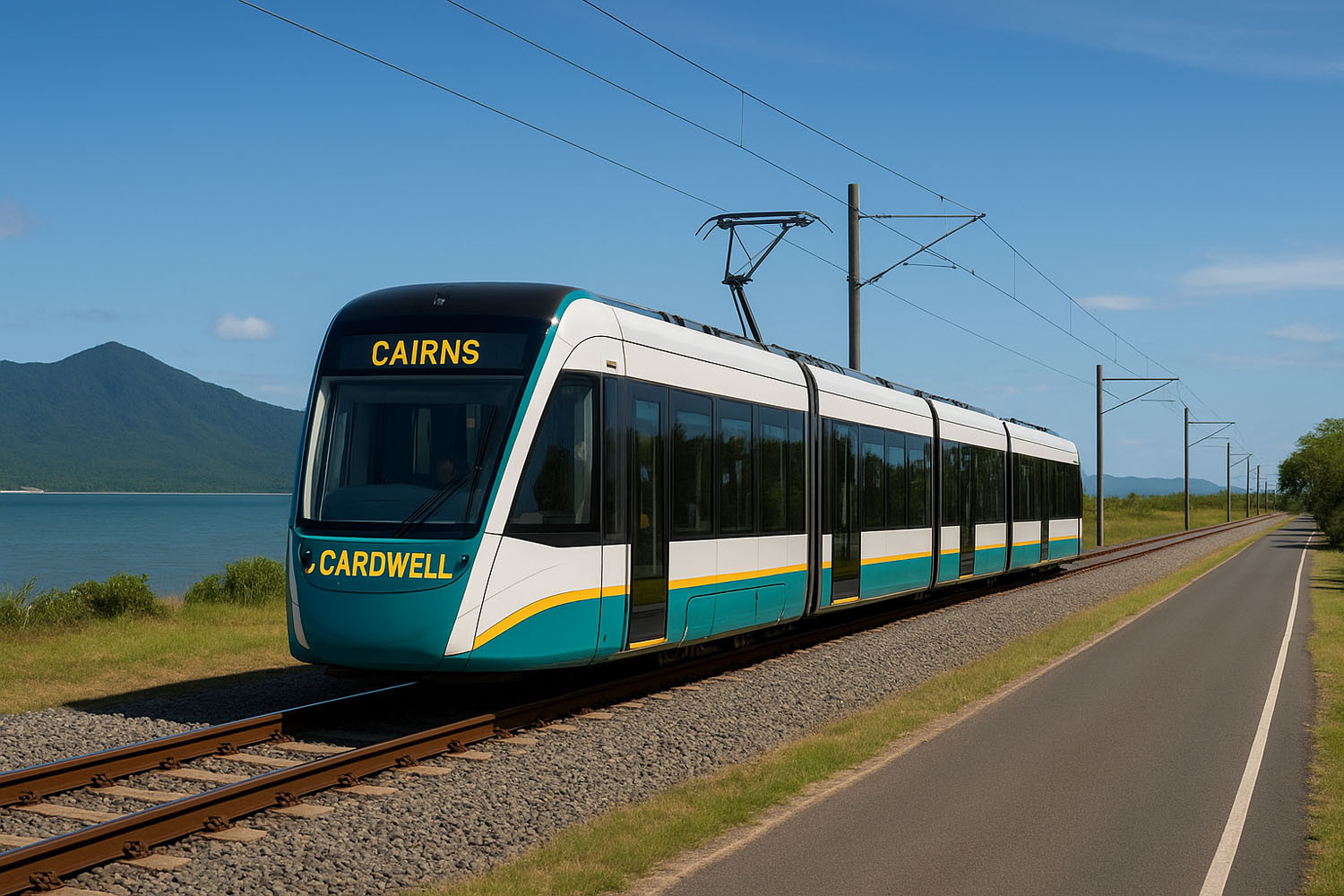 A generated image of what a section of a light rail service between Cairns and Cardwell might look like. Picture: ChatGTP