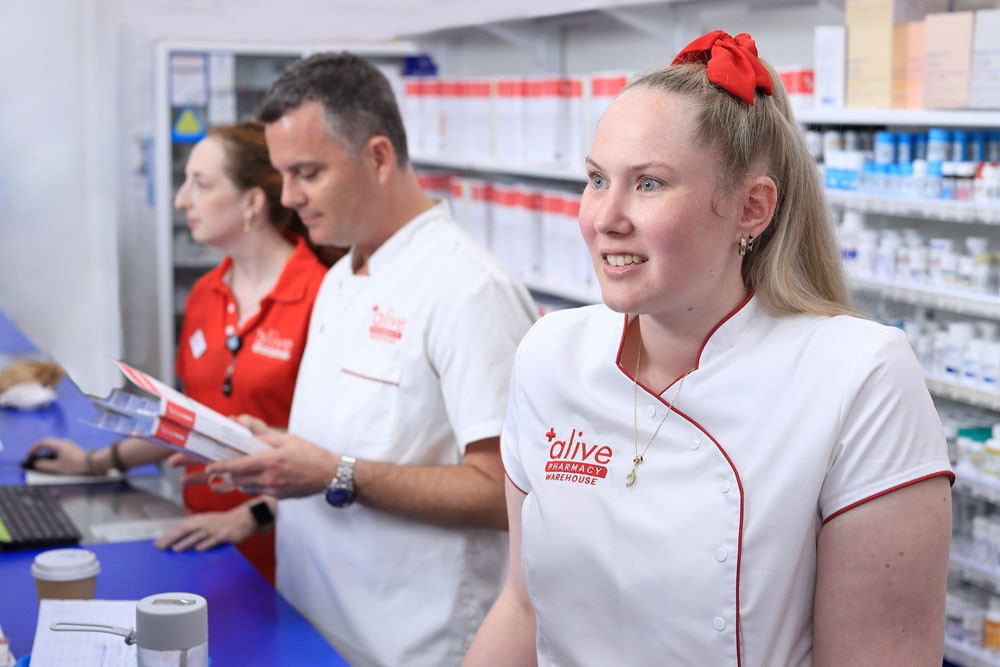 Alive Pharmacy Warehouse chief pharmacist Demi Pressley with co-owner Trent Twomey in their DFO Cairns store. Picture: Supplied