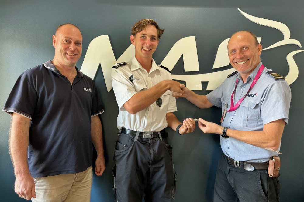 CQU Aviation student Pierre-Noel Guntendorfer (centre) with MAF Training Centre manager Dean Giles (left) and senior flight instructor Joe Knighton (right). Picture: CQU