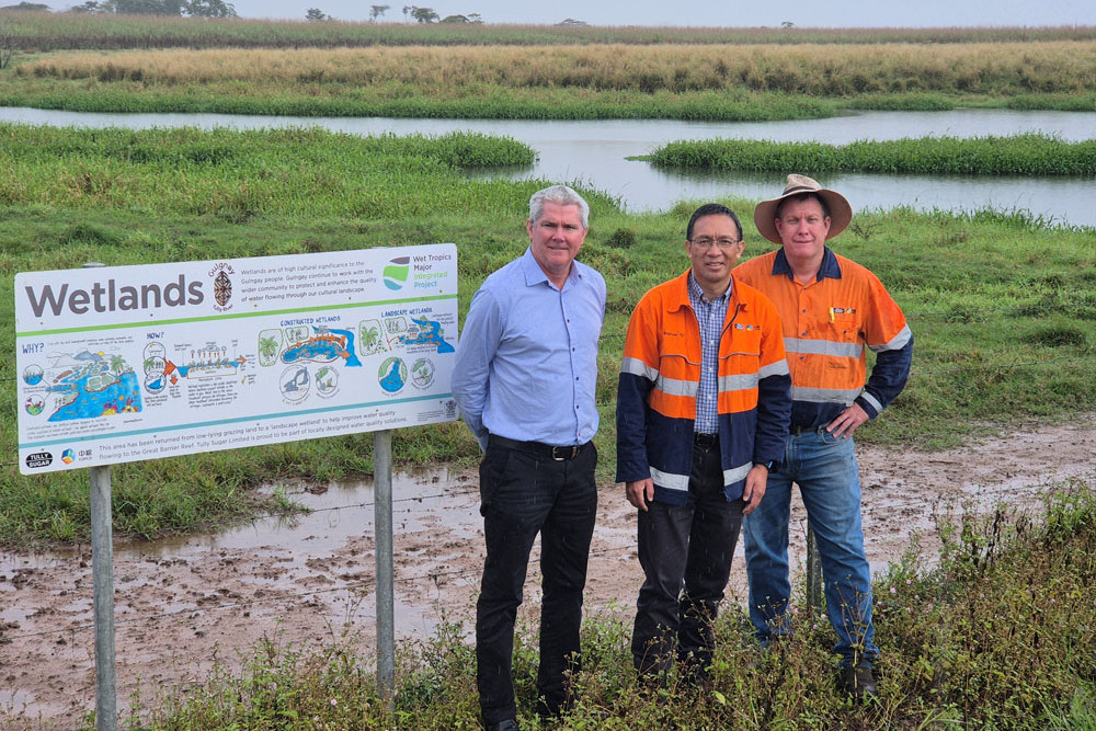 Tully Sugar’s chief operating officer John Edwards (left), chief executive officer Andrew Yu and cane productivity and development manager Greg Shannon at the wetlands. Picture: Supplied