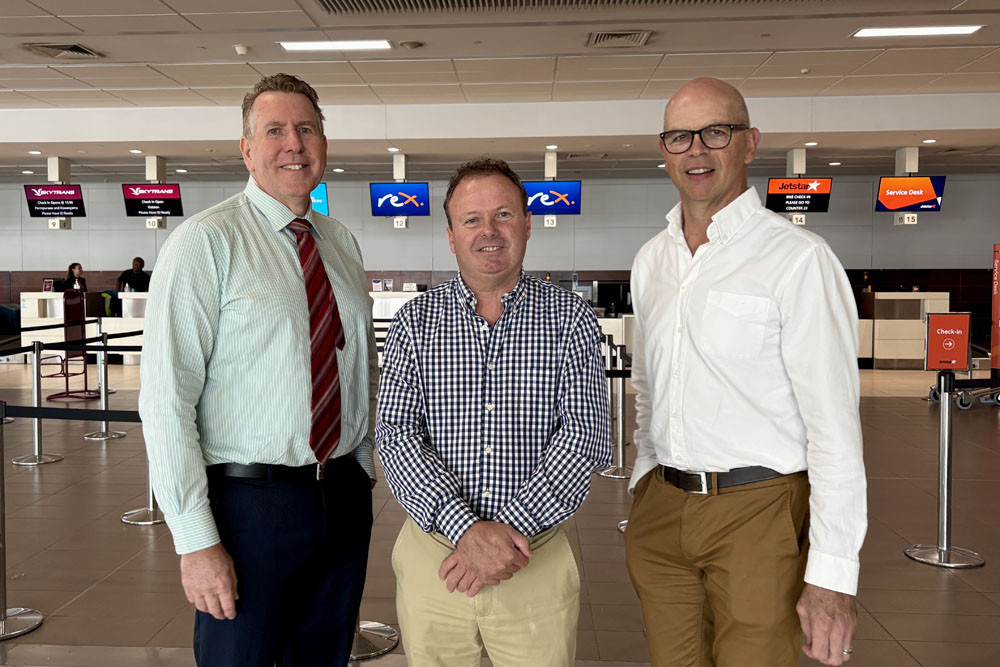 Trinity Bay State High School principal Tony Whybird (left), Aviation Australia North Queensland business manager Chris Pigott and Cairns Airport CEO Richard Barker at the program launch. Picture: Cairns Airport