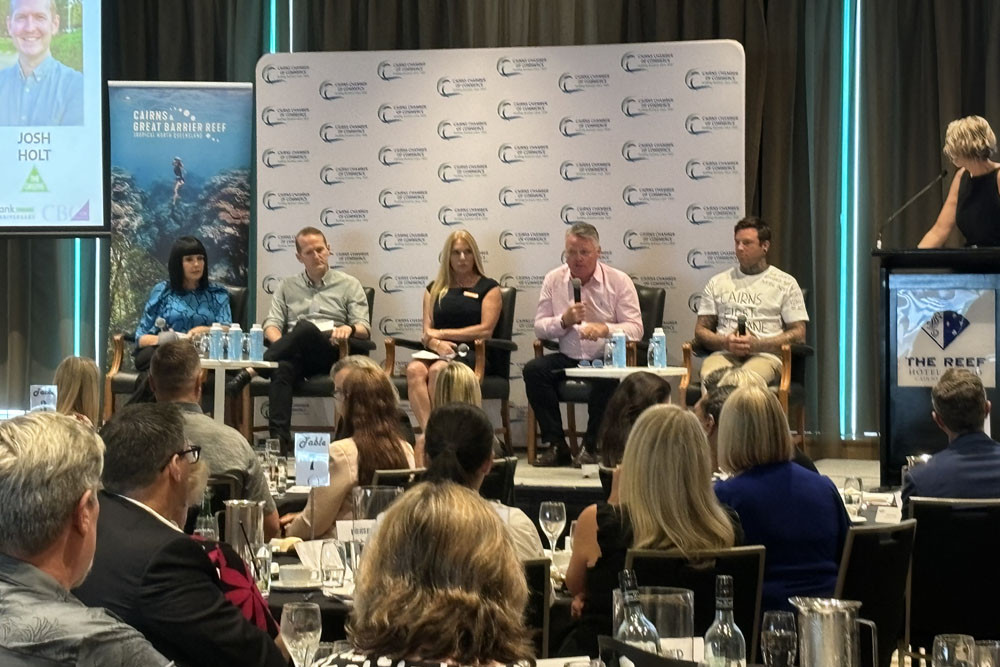 Cairns electorate candidates at the chamber of commerce and TTNQ forum were (from left) Yolonde Entsch (LNP), Josh Holt (Greens), Geena Court (One Nation), Michael Healy (ALP) and Shane Cuthbert (Independent). Picture: Andree Stephens