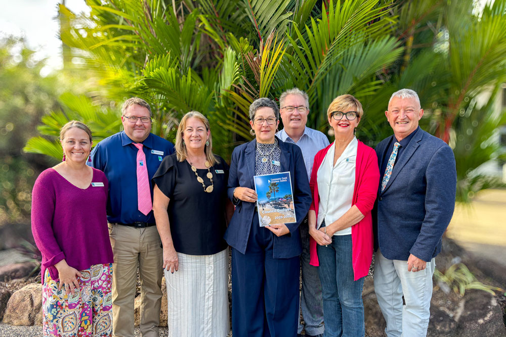 Mayor Teresa Millwood (centre) presents the Cassowary Coast 2025/26 budget with (from left) Cr Renee McLeod, Cr Nicholas Pervan, Cr Ellen Jessop, Cr Chris Littlemore, Cr Trudy Tschui and Cr Jeff Baines. Picture: Supplied