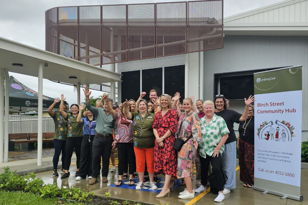 Barron River MP Bree James (third from right) celebrates the opening of the new Manunda Neighbourhood Centre in Birch St with staff and clients. Picture: Supplied