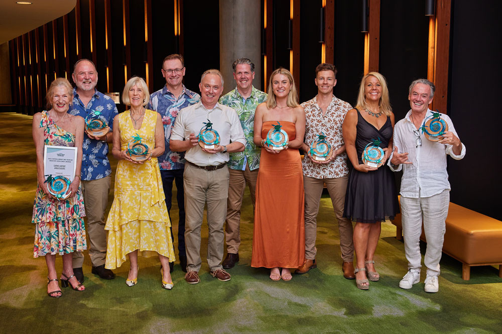 Robyne Snelling of Cairns Airport Ambassadors (left), Dr Ken Chapman, Pip Woodward, John O’Sullivan, Cedric Lootvoet, Mark Olsen, Jamie Binder, James Boettcher, Laurie Pritchard of Small World Journeys and AJ Hackett. Picture: Supplied