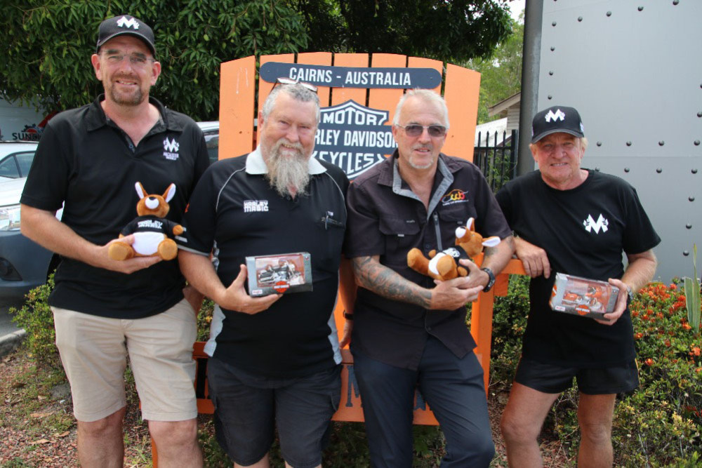 Toy run participants Rob Callin (left) of Macalister’s Brewery, Tim Marks of Harley Magic Cairns and Steve Bailey and Andrew Moss from the Cairns and Tablelands Recreational Motorcyclists Group. Picture: CTRMG