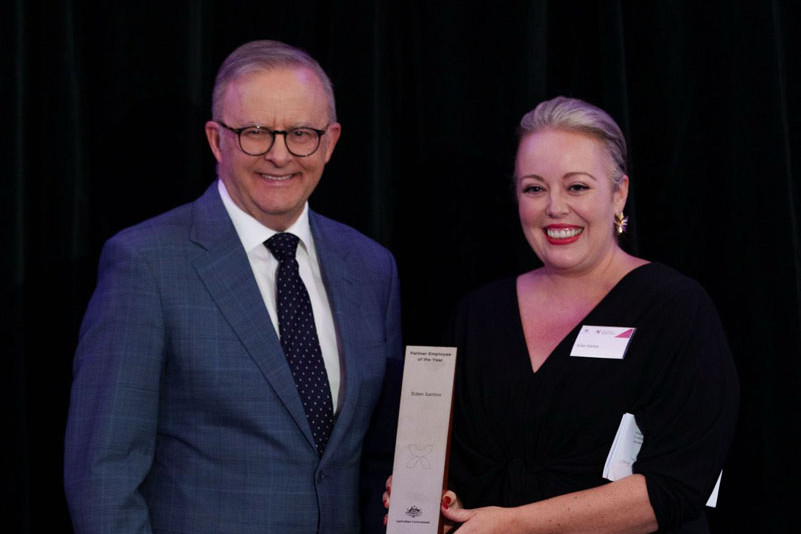 Prime Minister Anthony Albanese and winner of the Partner Employee of the Year award Eden Santos. Picture: Supplied