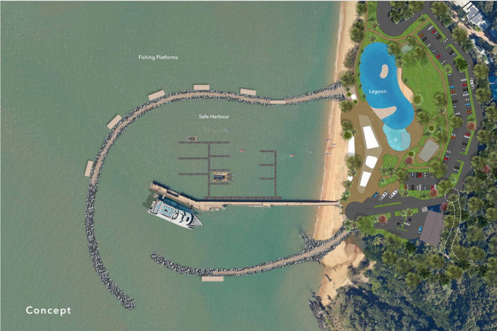 An artist’s impression of an idea to create a safe harbour and lagoon at Palm Cove. Picture: Hunt Design