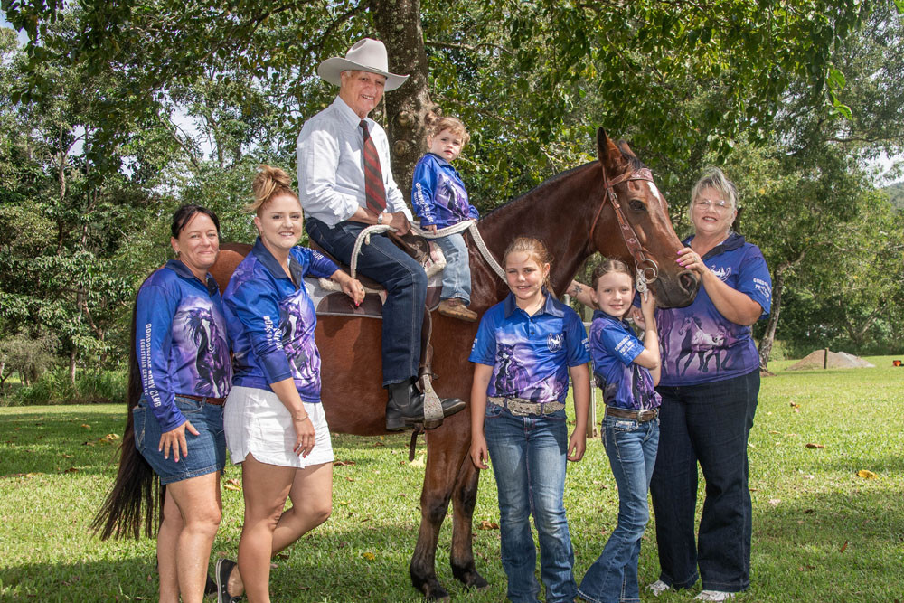 Federal MP Bob Katter with pony club members (from left) Kisten Bodkin, Eboni Fordyce, Marlee Fordyce (on horse), Lilly Toohey, Alex Fahlstrom and Zoe Macor. Picture: Supplied