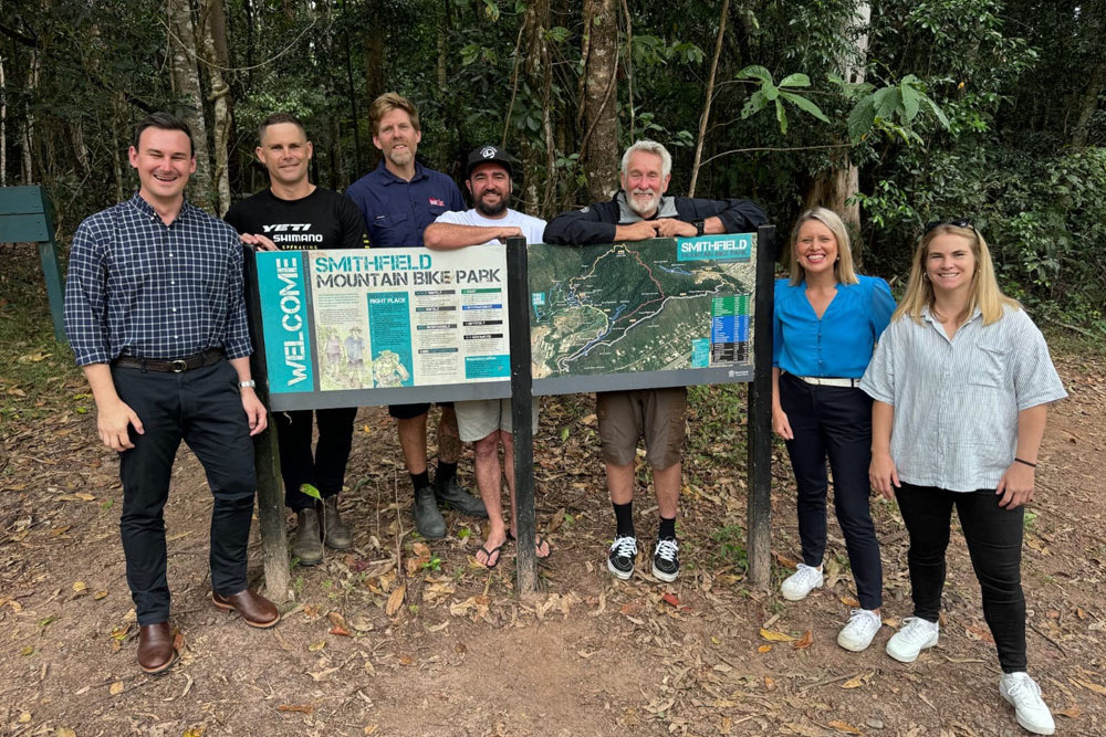 Barron River candidate Bree James with MP Sam O’Connor, Shadow Minister for the Environment and Great Barrier Reef and supporters of the bike trail. Picture: Supplied