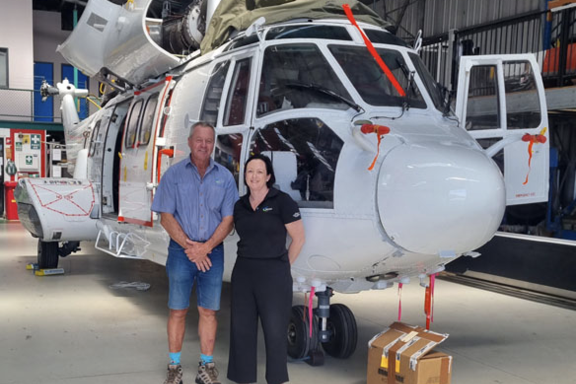 Skytek managing director Jan Booij and chief executive officer Alana McKenna with the Super Puma helicopter. Picture: Nick Dalton