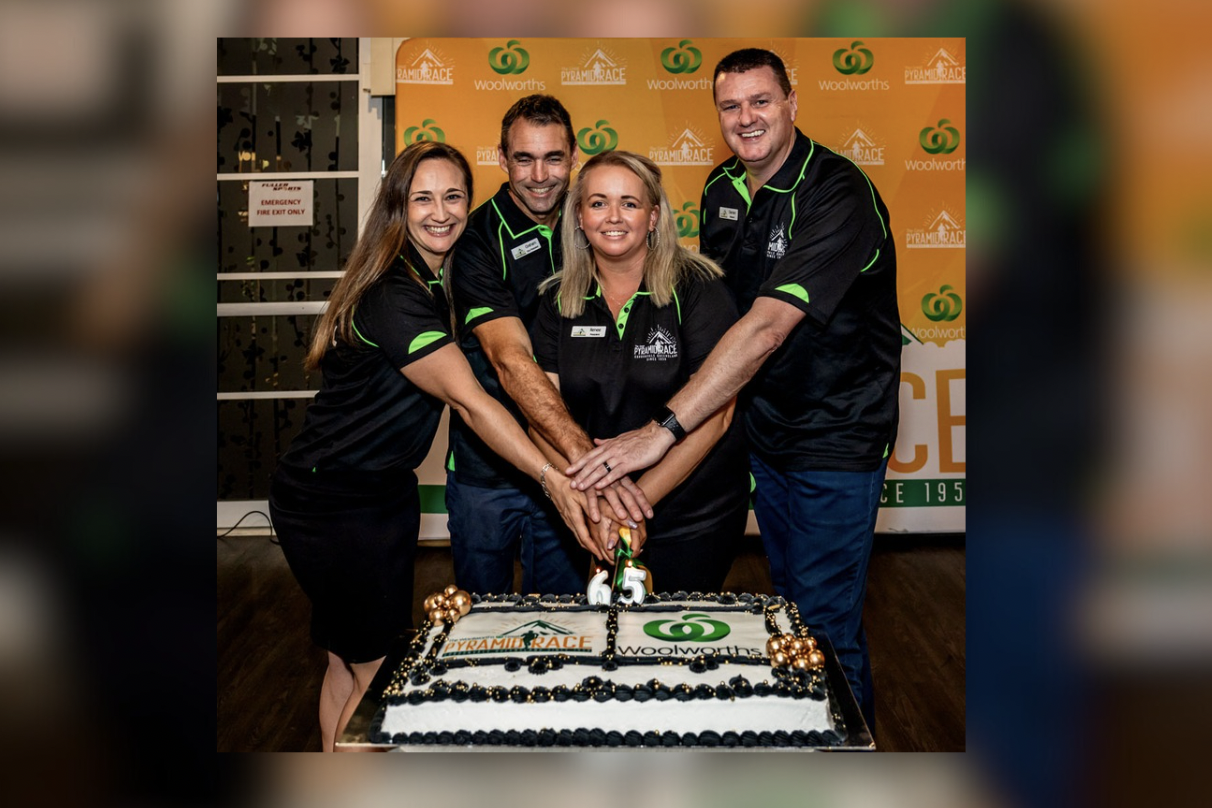 Cutting the cake for the 65th Great Pyramid Race are (from left) committee secretary Sarah Campbell, vice-president Graham Camp, president Renee Edwards and treasurer Damien O’Mara. Picture: Supplied