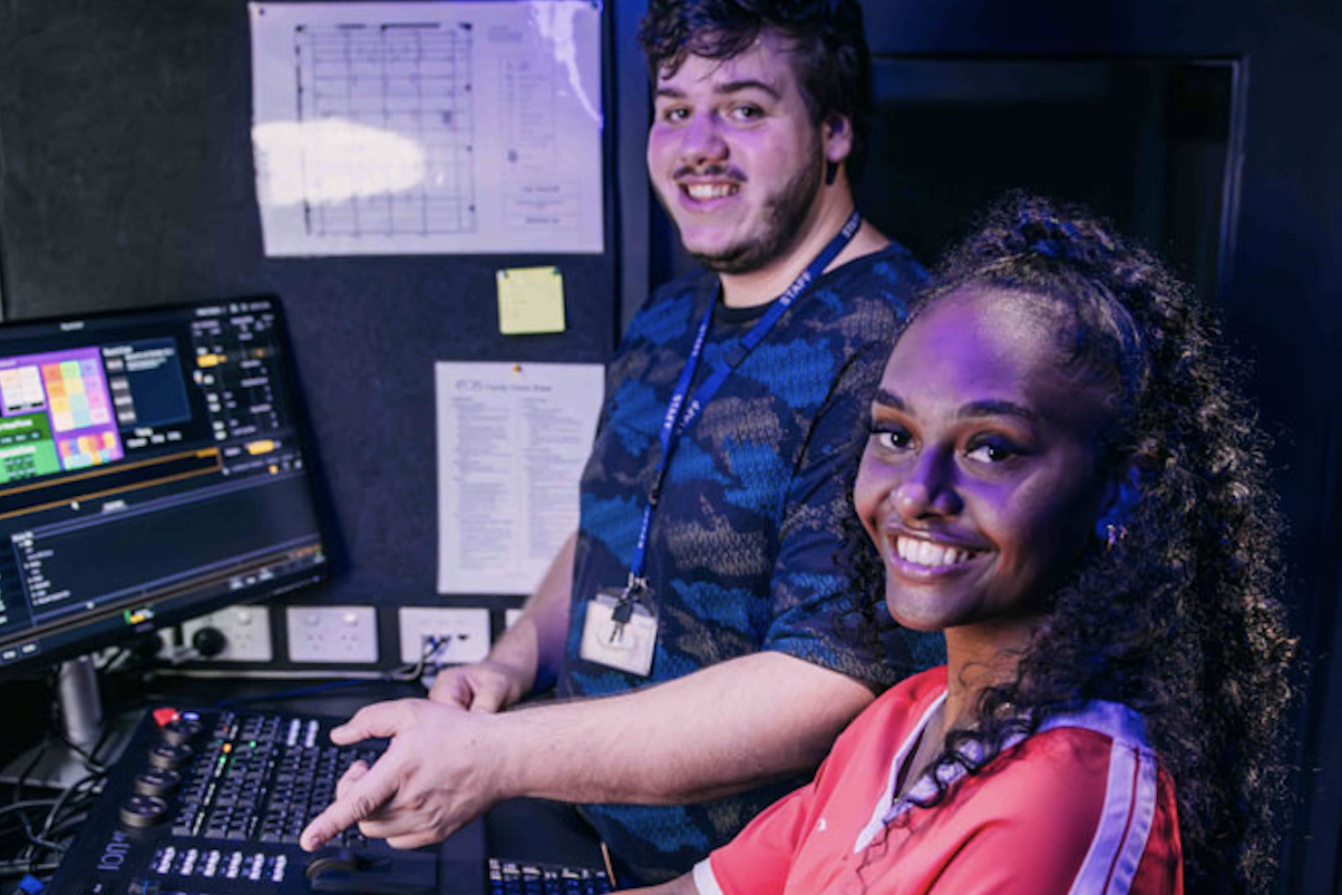 First Nations student Xenia Parter with Indigenous stage technician Eben Love. Picture: Supplied