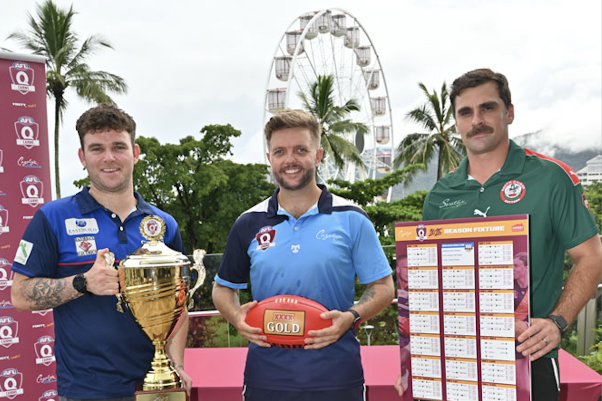 Centrals Trinity Beach Bulldogs women’s coach Dan Smith (left), AFL Cairns football operations manager Brad Channon and South Cairns Cutters new coach Andrew Boston. Picture: Isabella Guzman Gonzalez